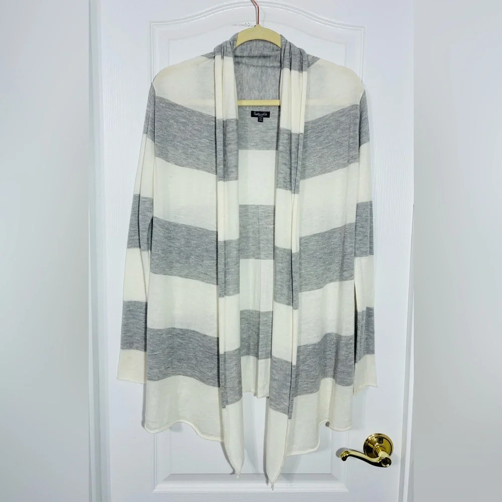 Splendid Cashmere Touch Striped Knit Drape Cardigan Gray & Ivory Size Small